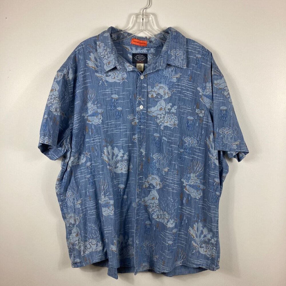 Mens St Johns Bay Beach Shirt Sea Treasure Short Sleeve Button Blue 2XL